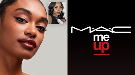 Model using a virtual service with an artist. MAC Me Up logo sits next to the visual.