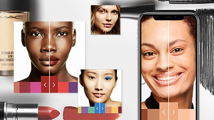 Collage of models using Virtual Try On tool, layered over best-selling MAC products and swatches