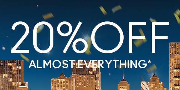 20% off almost everything on a blue background with gold confetti