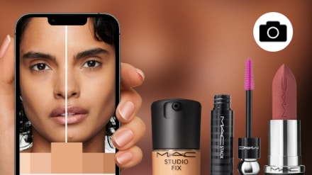 Collage of models using Virtual Try On tool, layered over best-selling MAC products and swatches
