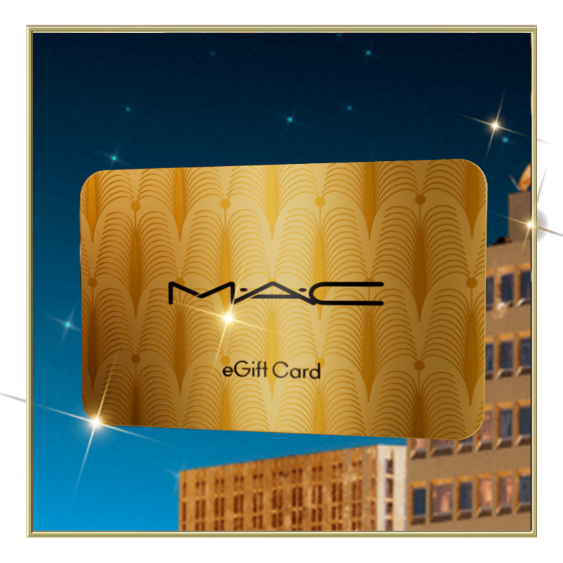 MAC gift card with red sleeve. surrounded by pearls on a red background