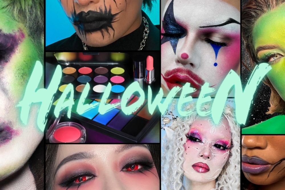 A row selection of makeup artist wearing artistic Halloween makeup designs.